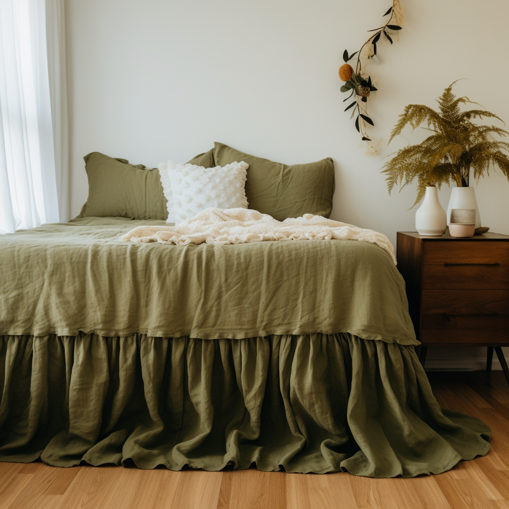 Moss Green Linen Bed Skirt with Gathered Ruffles