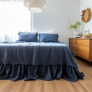 Royal Blue Linen Bed Skirt with Gathered Ruffles