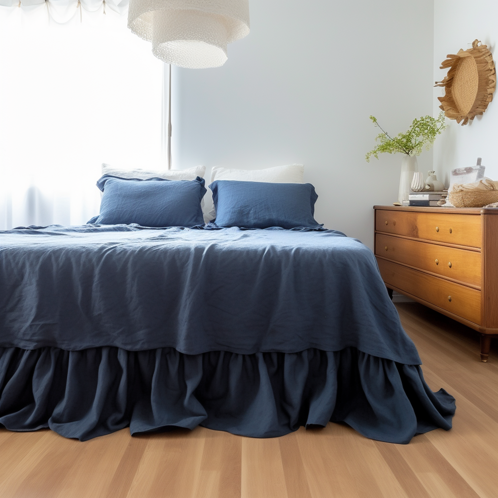 Royal Blue Linen Bed Skirt with Gathered Ruffles