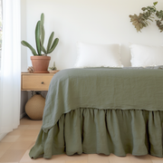 Sage Green Linen Bed Skirt with Gathered Ruffles