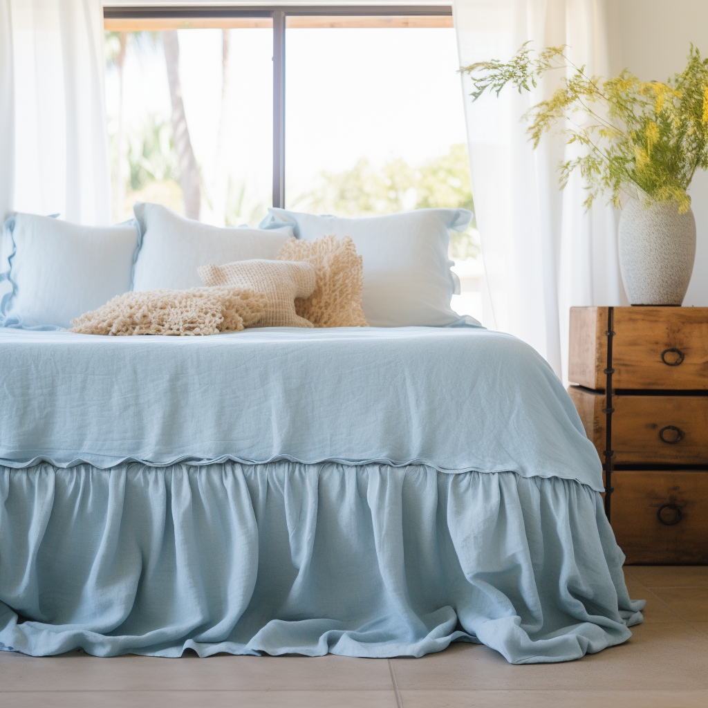 Sky Blue Linen Bed Skirt with Gathered Ruffles
