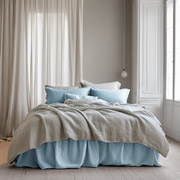 Sky Blue Linen Bed Skirt with Gathered Ruffles