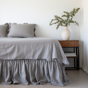 Stone Grey Linen Bed Skirt with Gathered Ruffles