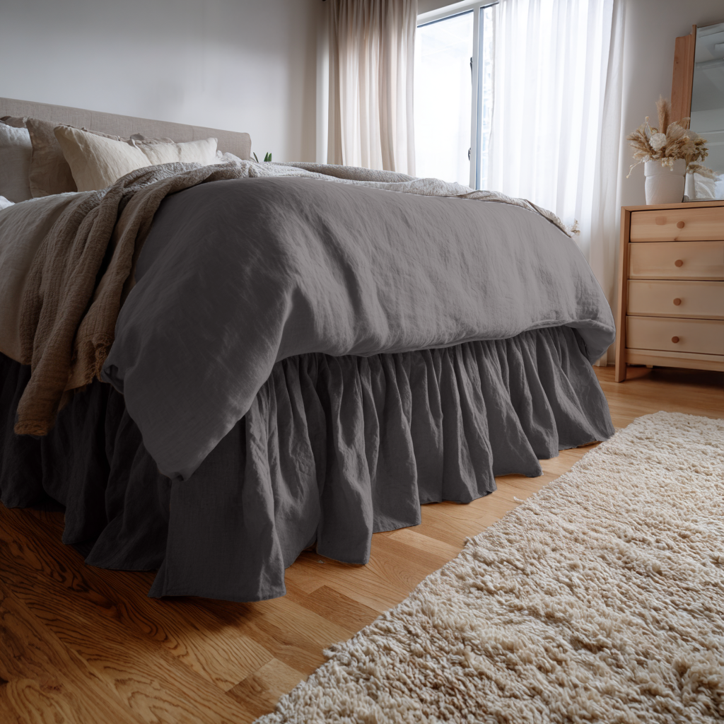 Dim Grey Linen Bed Skirt with Gathered Ruffles