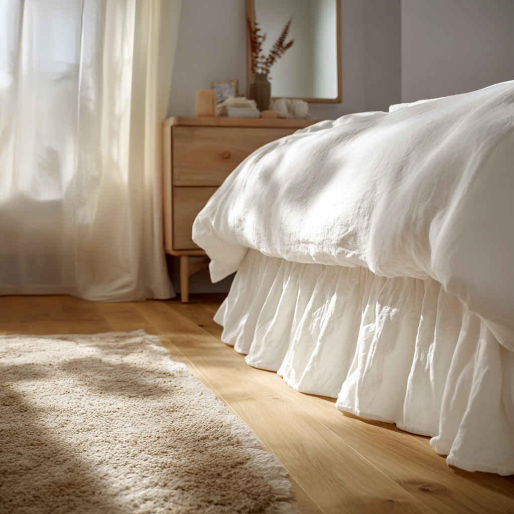 Off-White Linen Bed Skirt with Gathered Ruffles