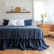 Royal Blue Linen Bed Skirt with Gathered Ruffles