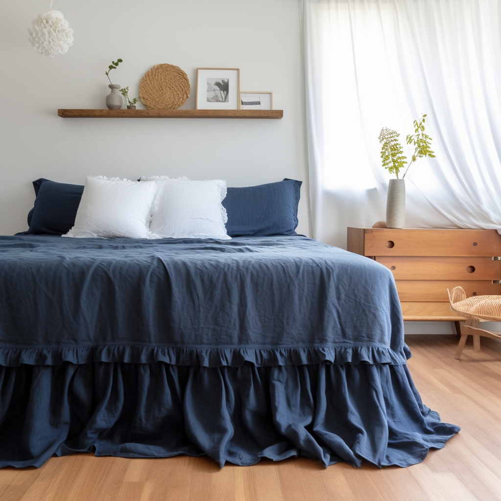Royal Blue Linen Bed Skirt with Gathered Ruffles
