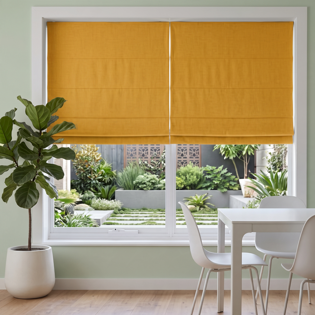 Yellow Roman Shades in a Modern Living Room with White Walls and a White Sectional Sofa