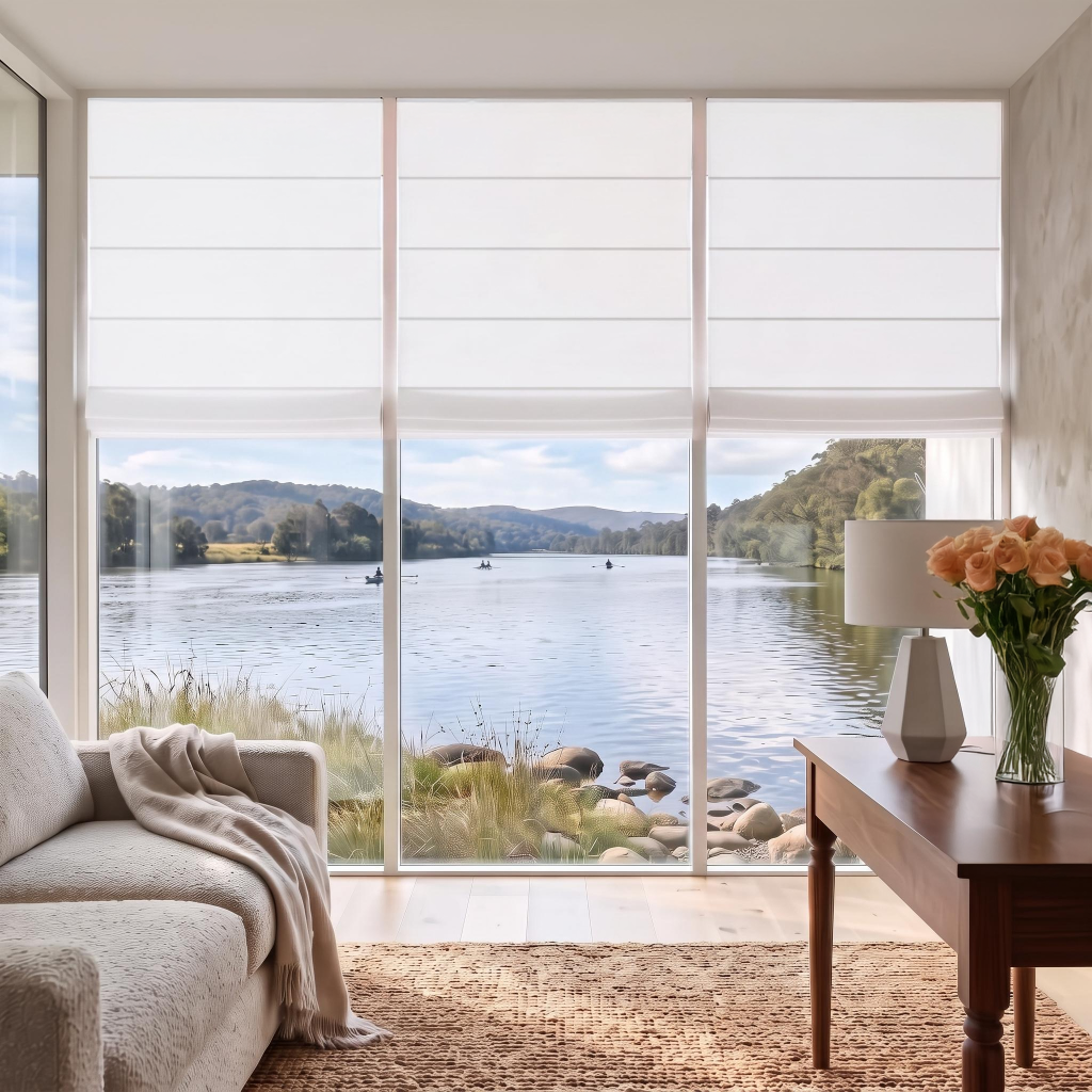 Off-White Roman Shades in a Living Room with Light Neutral Walls and a Beige Armchair