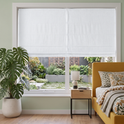 White Linen Cordless Roman Shades in a Contemporary Bedroom with Sage Green Walls and a Yellow Bed