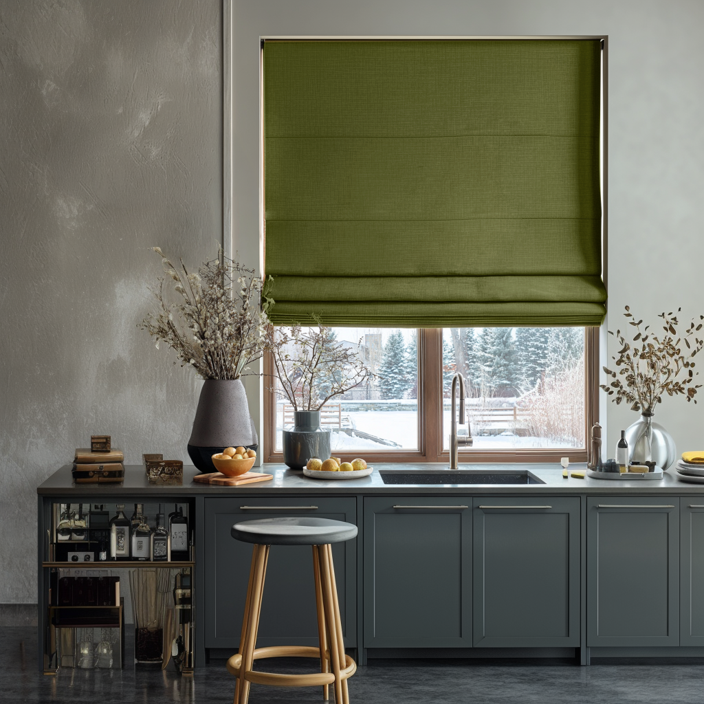 Moss Green Linen Blackout Roman Shades
