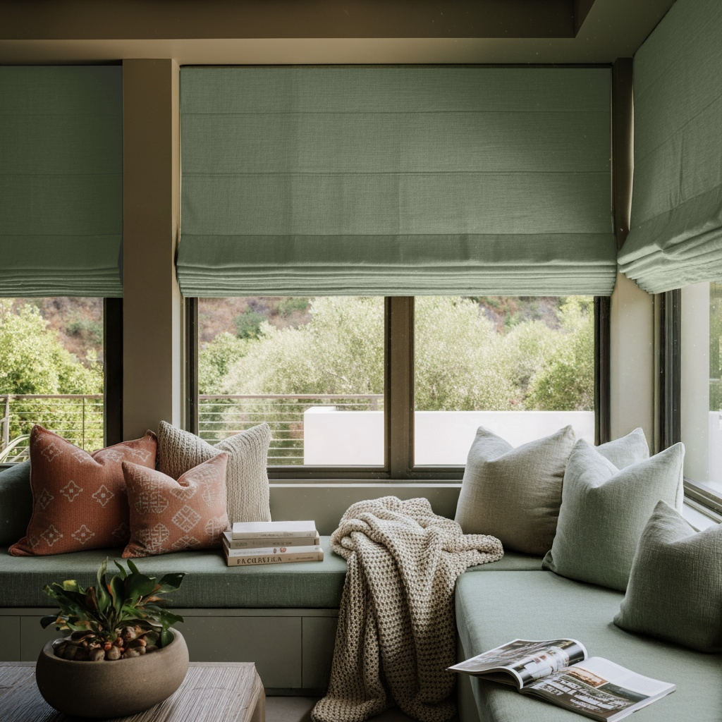 Asparagus Green Linen Roman Shades - Blackout Lining