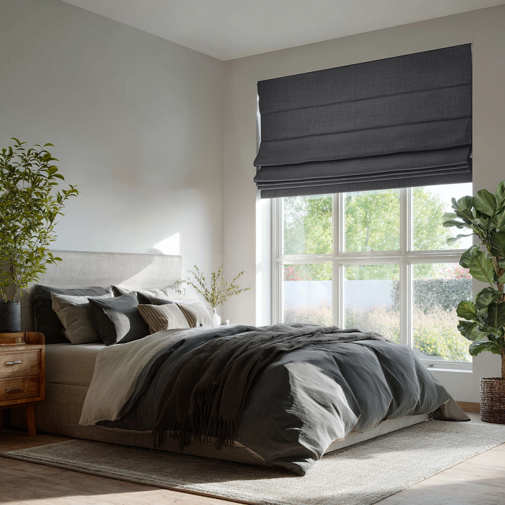 Charcoal Linen Roman Shades - Blackout Lining