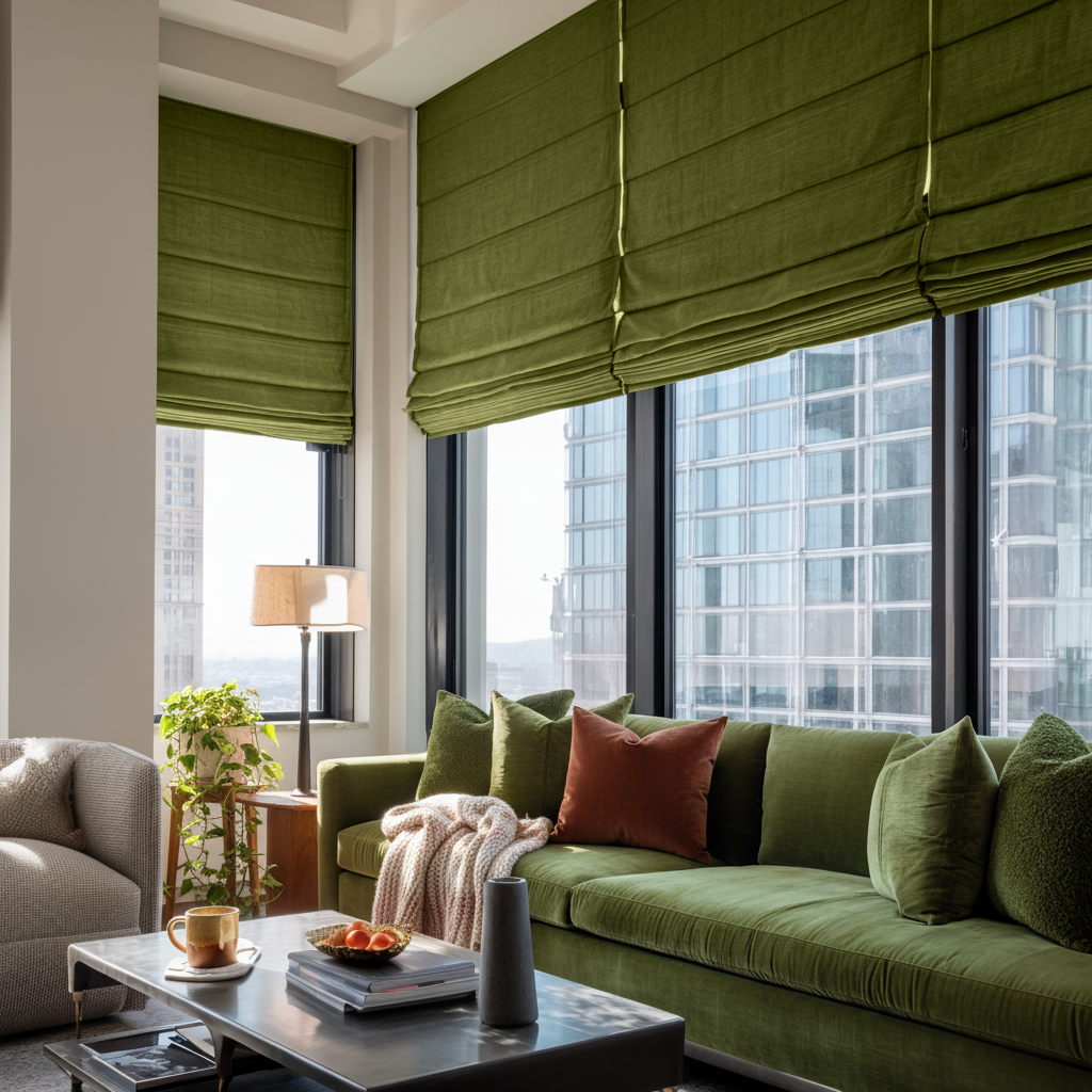 Moss Green Linen Roman Shades - Blackout Lining