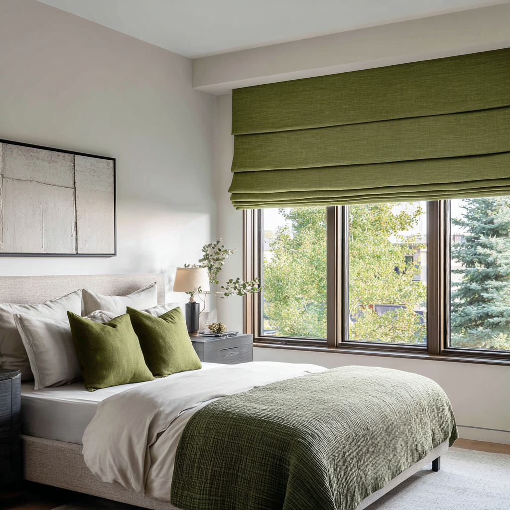 Moss Green Linen Blackout Roman Shades