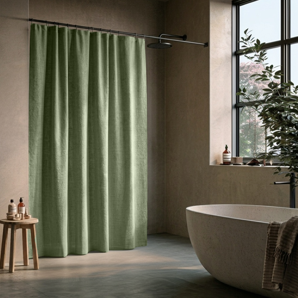 Asparagus Green Linen Button-Hole Top Shower Curtain in a Modern Bathroom