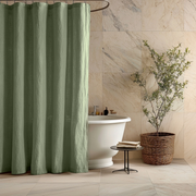 Linen Button-Hole Top Shower Curtain Asparagus Green in a Contemporary Bathroom with Beige Marble Walls