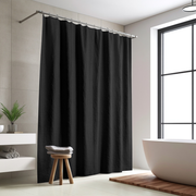 Linen Button-Hole Top Shower Curtain Black in a Minimalist Bathroom with Light Gray Tiled Walls