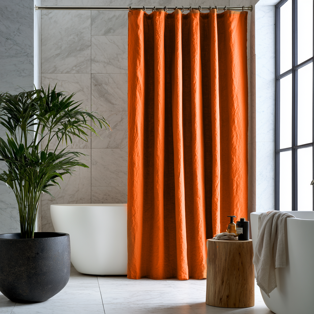 Linen Button-Hole Top Shower Curtain Burnt Orange in a Luxury Bathroom