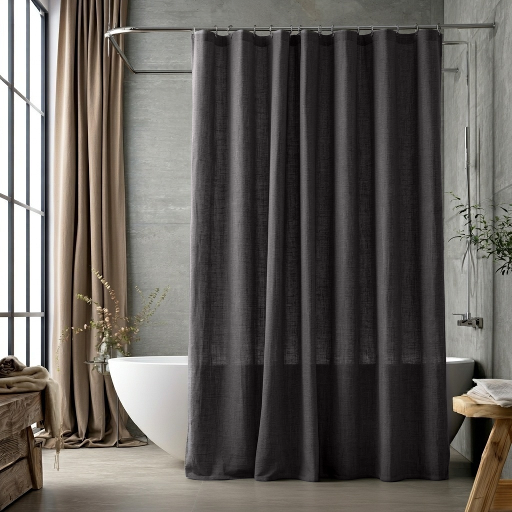Linen Button-Hole Top Shower Curtain Charcoal Grey in a Modern Bathroom