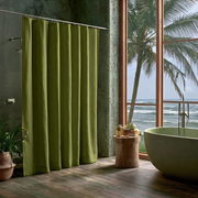 Linen Button-Hole Top Shower Curtain Moss Green in a Coastal Bathroom