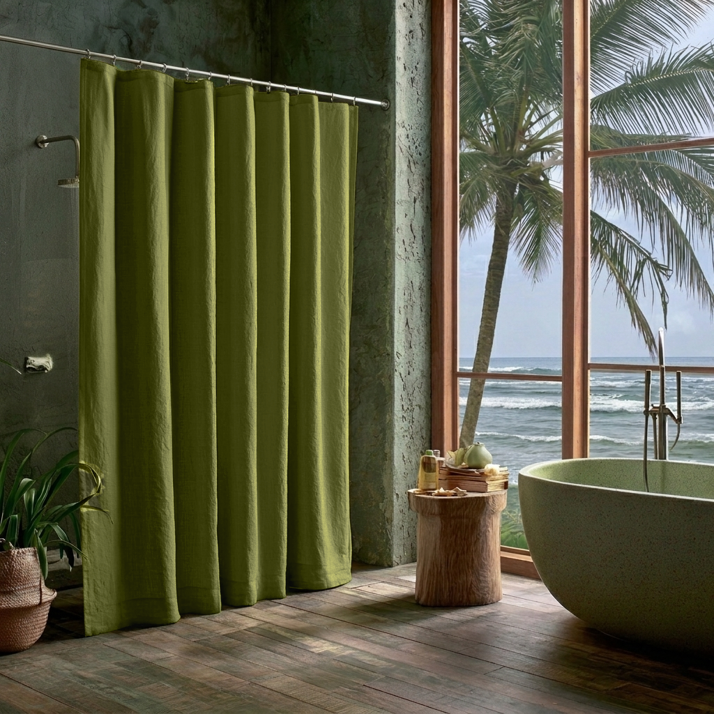 Linen Button-Hole Top Shower Curtain Moss Green in a Coastal Bathroom