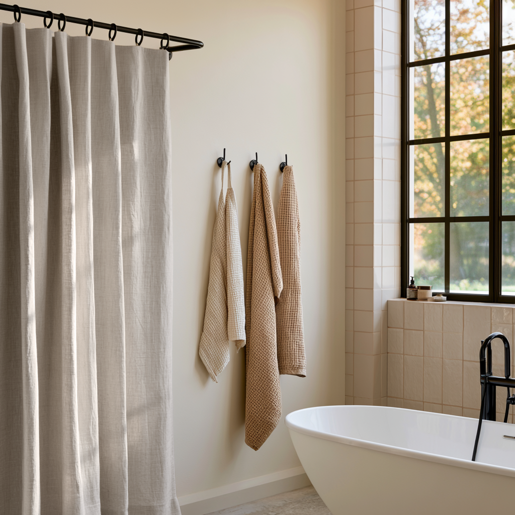 Natural Linen Button-Hole Top Shower Curtain in a Rustic Contemporary Bathroom with Warm White Walls and Black-Framed Window