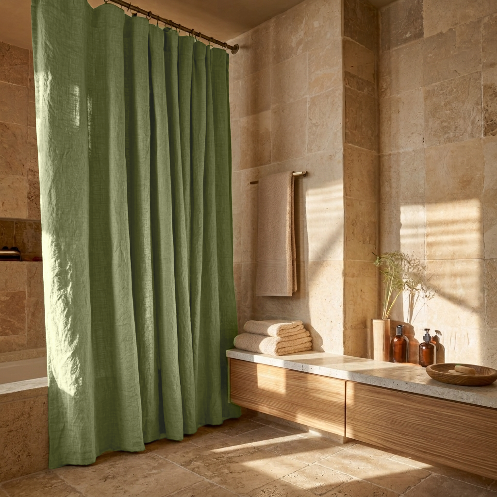 Linen Button-Hole Top Shower Curtain Olive Green in a Modern Bathroom with Warm Tile Walls