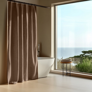 Linen Button-Hole Top Shower Curtain Tawny Brown in a Bathroom with Warm Beige Walls