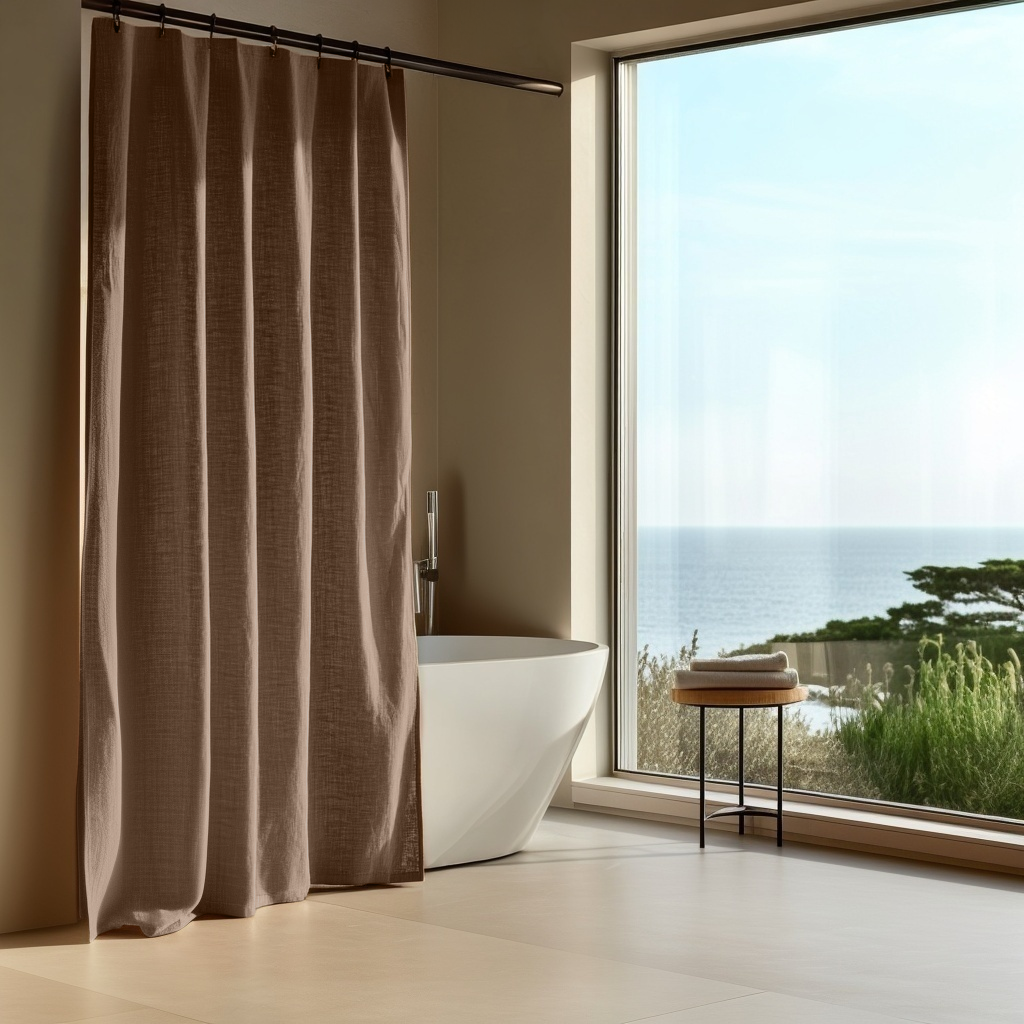 Linen Button-Hole Top Shower Curtain Tawny Brown in a Bathroom with Warm Beige Walls