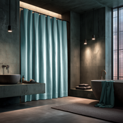 Aquamarine Linen Button-Hole Top Weighted Shower Curtain in a Modern Dark-Toned Spa Interior