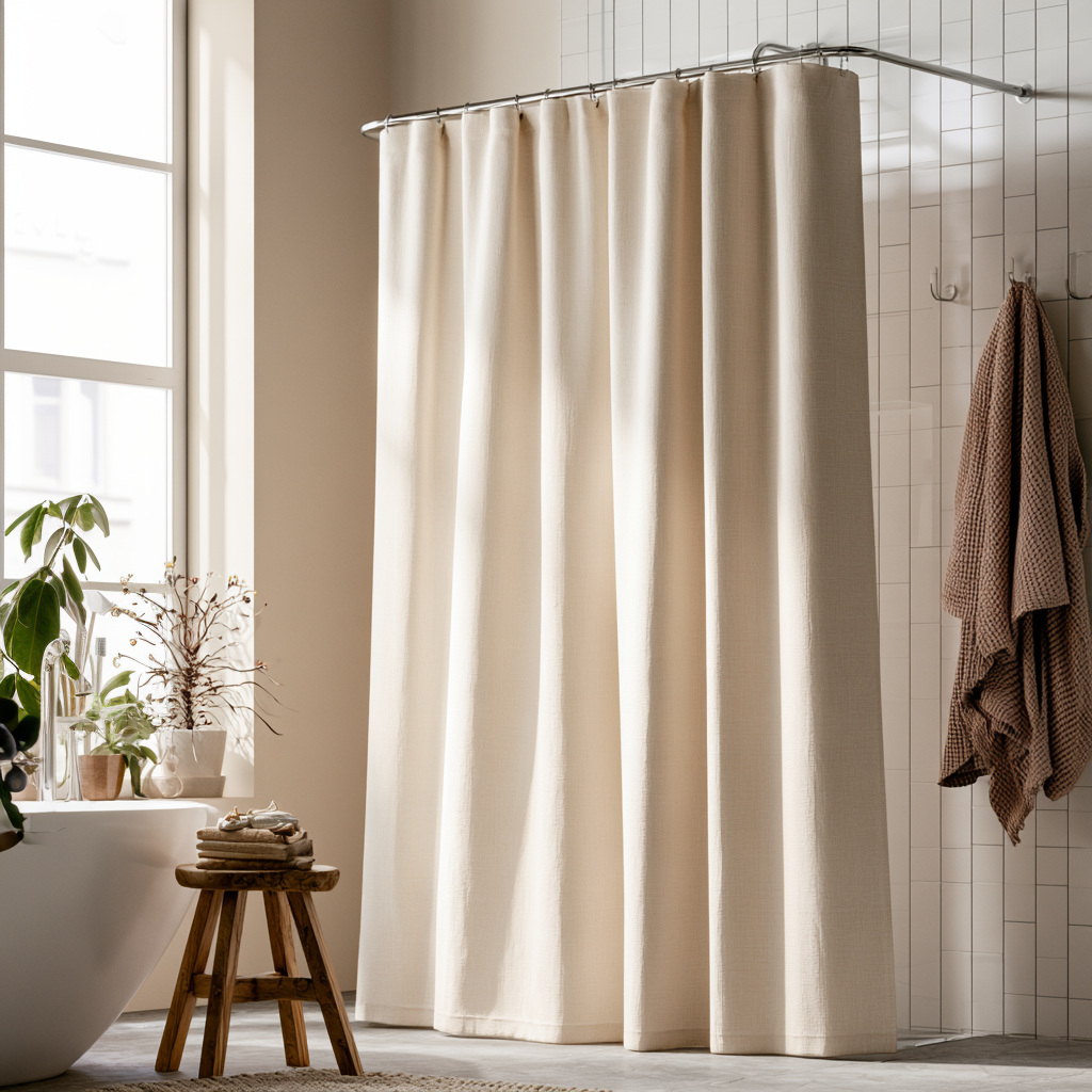 Cream Linen Button Hole Top Weighted Shower Curtain in a Bright, Modern Bathroom