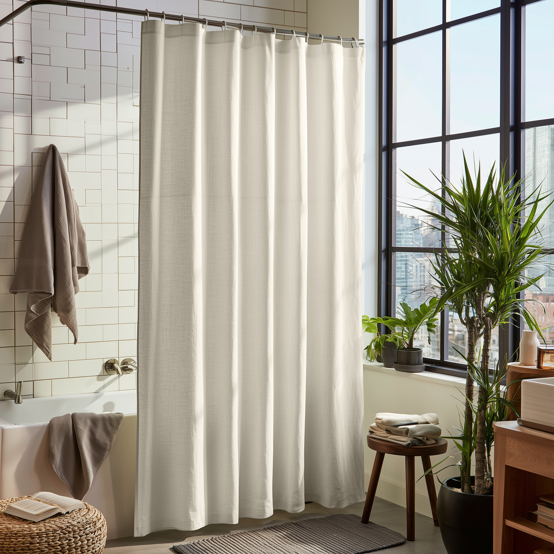 Ecru Heavy Weight Linen Button-Hole Top Weighted Shower Curtain in a Bright, Modern Bathroom with White Subway Tiles