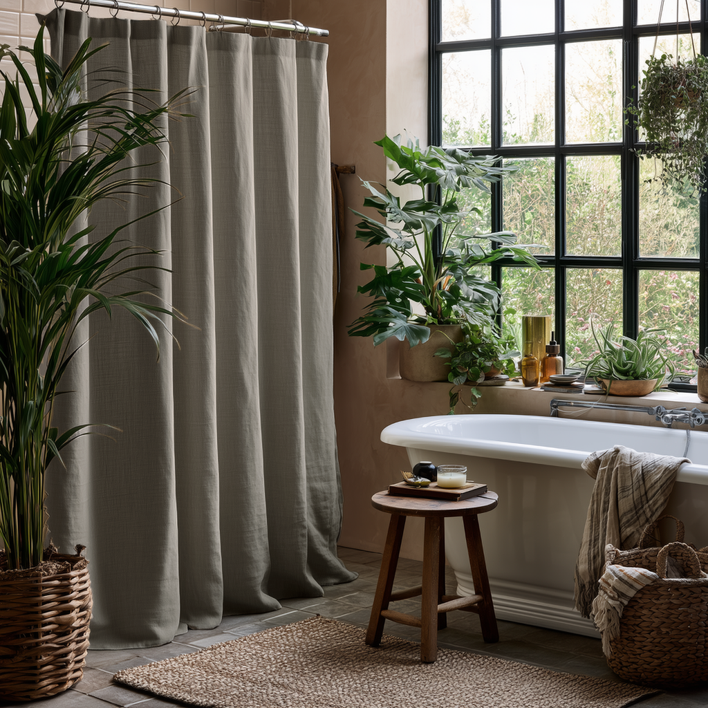 Natural Heavy Weight Linen Button-Hole Top Weighted Shower Curtain in a Sunlit Bathroom