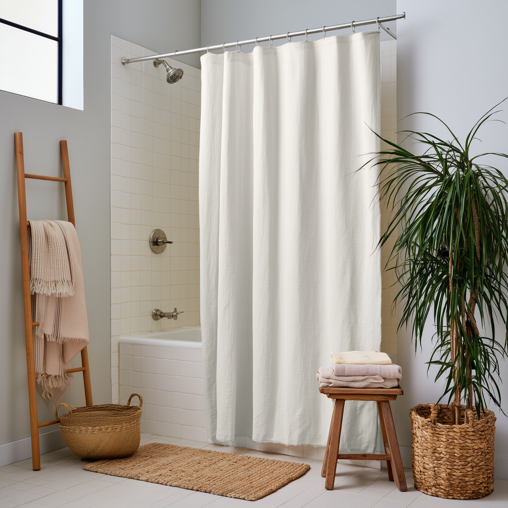 Off White Linen Button-Hole Top Weighted Shower Curtain next to a Wooden Ladder Towel Rack