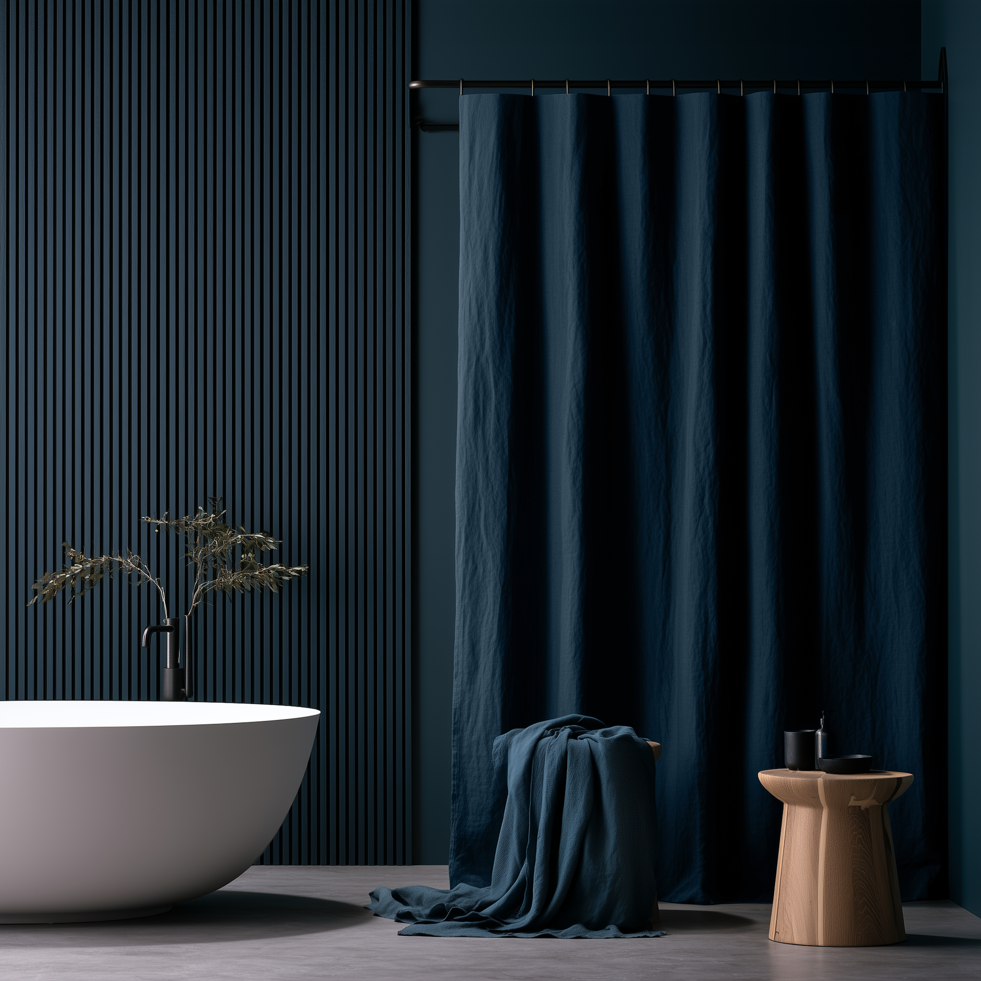 Peacock Blue Linen Button-Hole Top Weighted Shower Curtain in a Modern Bathroom with a Ribbed Navy Wall