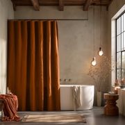 Terracotta Heavy Weight Linen Button-Hole Top Weighted Shower Curtain in a Rustic Bathroom