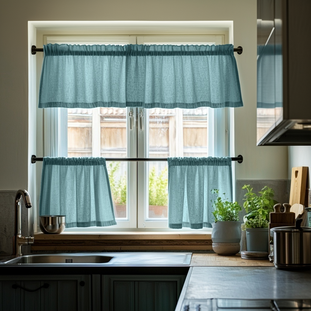 Aquamarine Blue Linen Cafe Curtains Valance Set