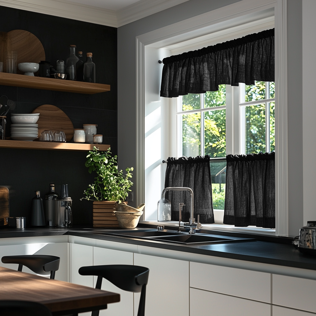 Black Linen Cafe Curtains Valance Set
