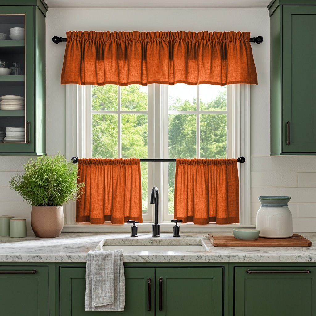 Burnt Orange Linen Cafe Curtains Valance Set