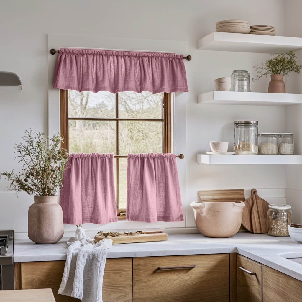 Dusty Rose Linen Cafe Curtains Valance Set