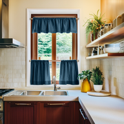 Peacock Blue Linen Kitchen Curtains Set