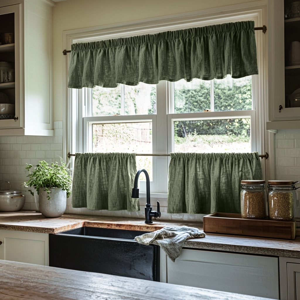 Sage Green Linen Cafe Curtains Valance Set