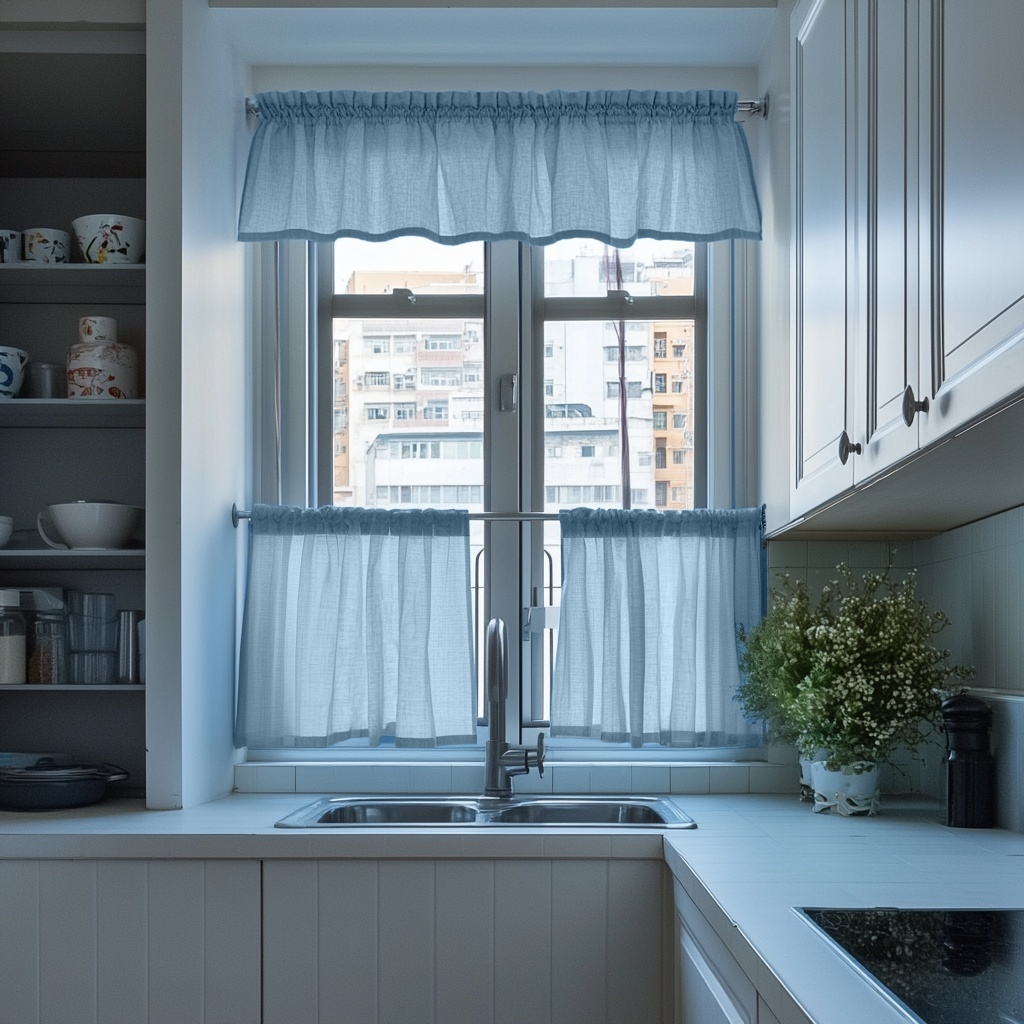 Sky Blue Linen Cafe Curtains Valance Set