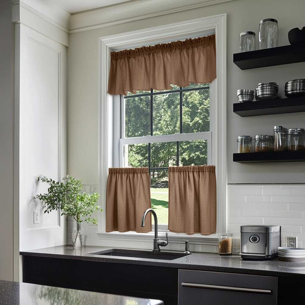 Tawny Brown Linen Cafe Curtains Valance Set
