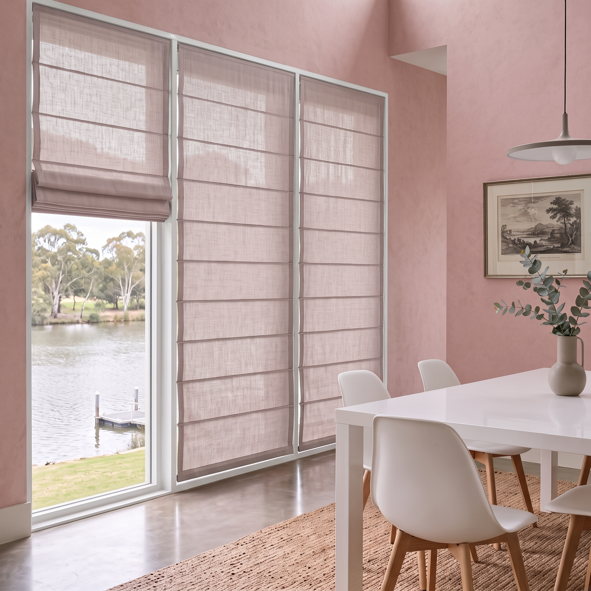 Dusty Pink Roman Shades in a Contemporary Dining Room with Soft Pink Walls and a White Dining Table