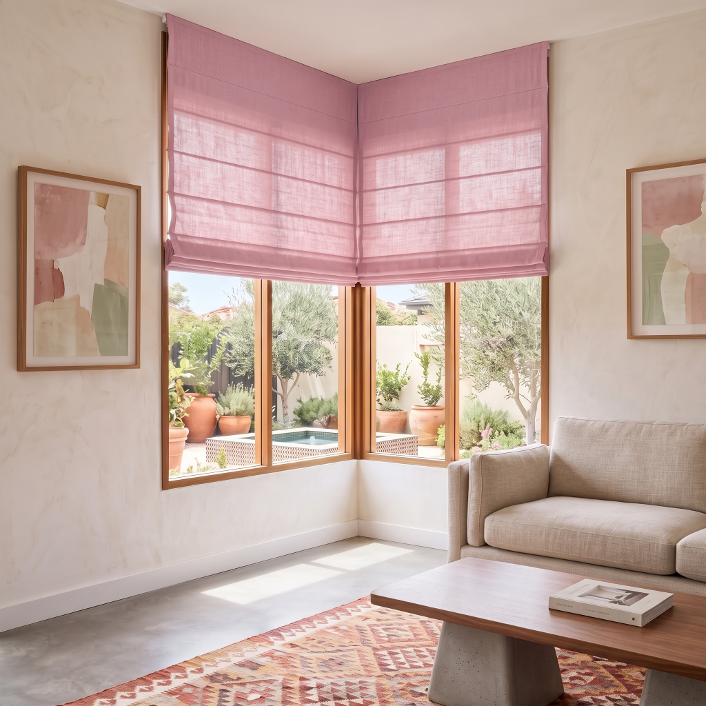 Dusty Rose Roman Shades in a Modern Living Room with Cream Walls and a Geometric Pattern Rug