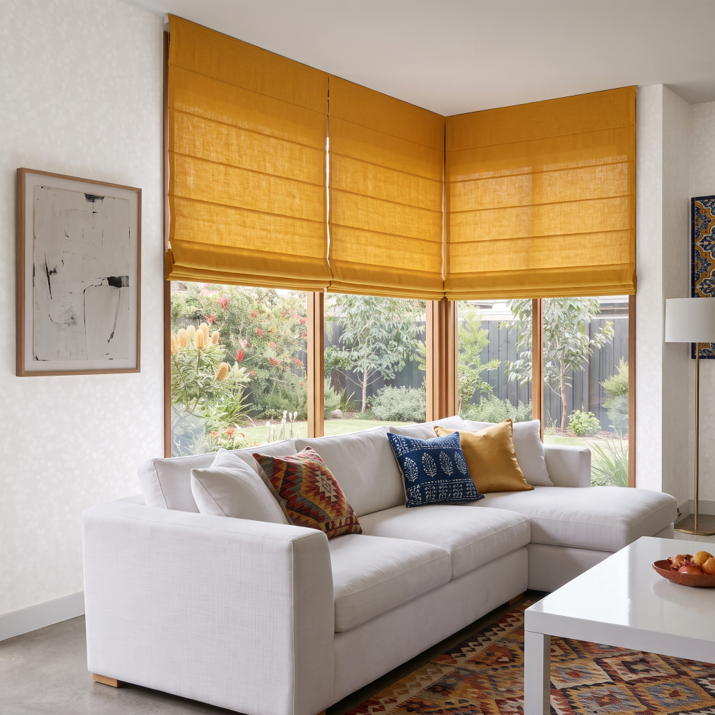 Yellow Roman Shades in a Contemporary Bedroom