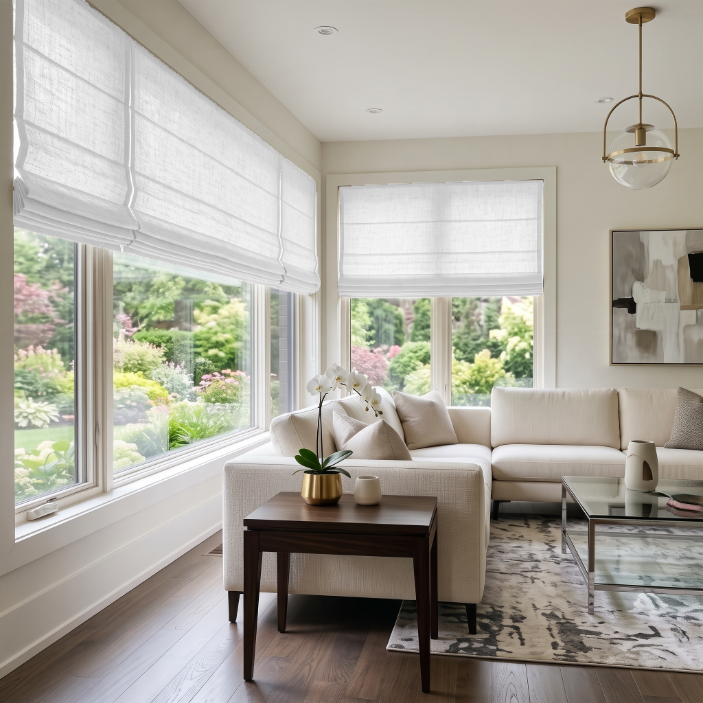 Heavy Off-White Roman Shades in a Modern Living Room with Off-White Walls and a Cream Sectional