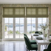 Olive Green Cordless Linen Roman Shades in a Scenic Dining Room with Botanical Wallpaper